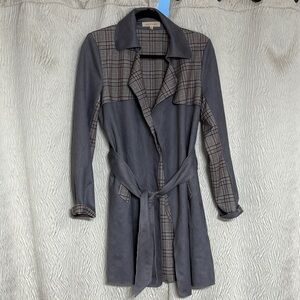 Anthropologie Solitaire Vegan Suede Gray Solid Plaid Trench Coat~Size Small
